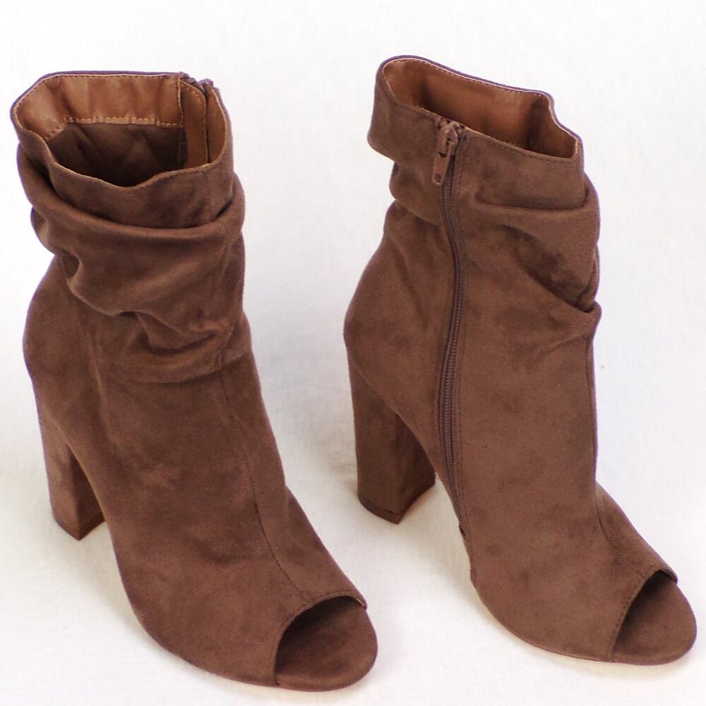 VENUS size 6.5 taupe faux-suede ultra-high-heel open-toe slouch boots all synth
